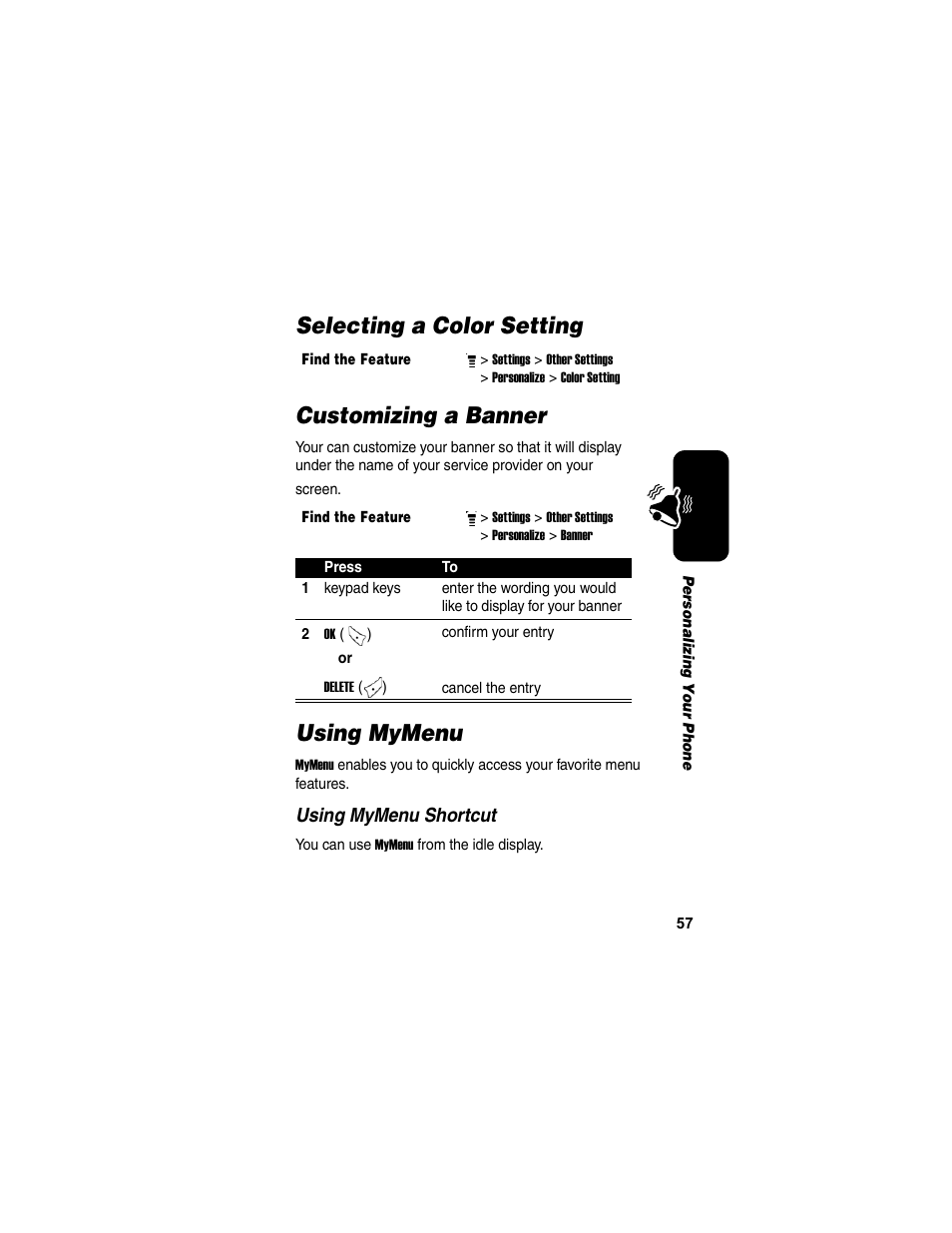 Selecting a color setting, Customizing a banner, Using mymenu | Customizing a banner using mymenu, Selecting a color setting customizing a banner | Motorola C155 User Manual | Page 59 / 120