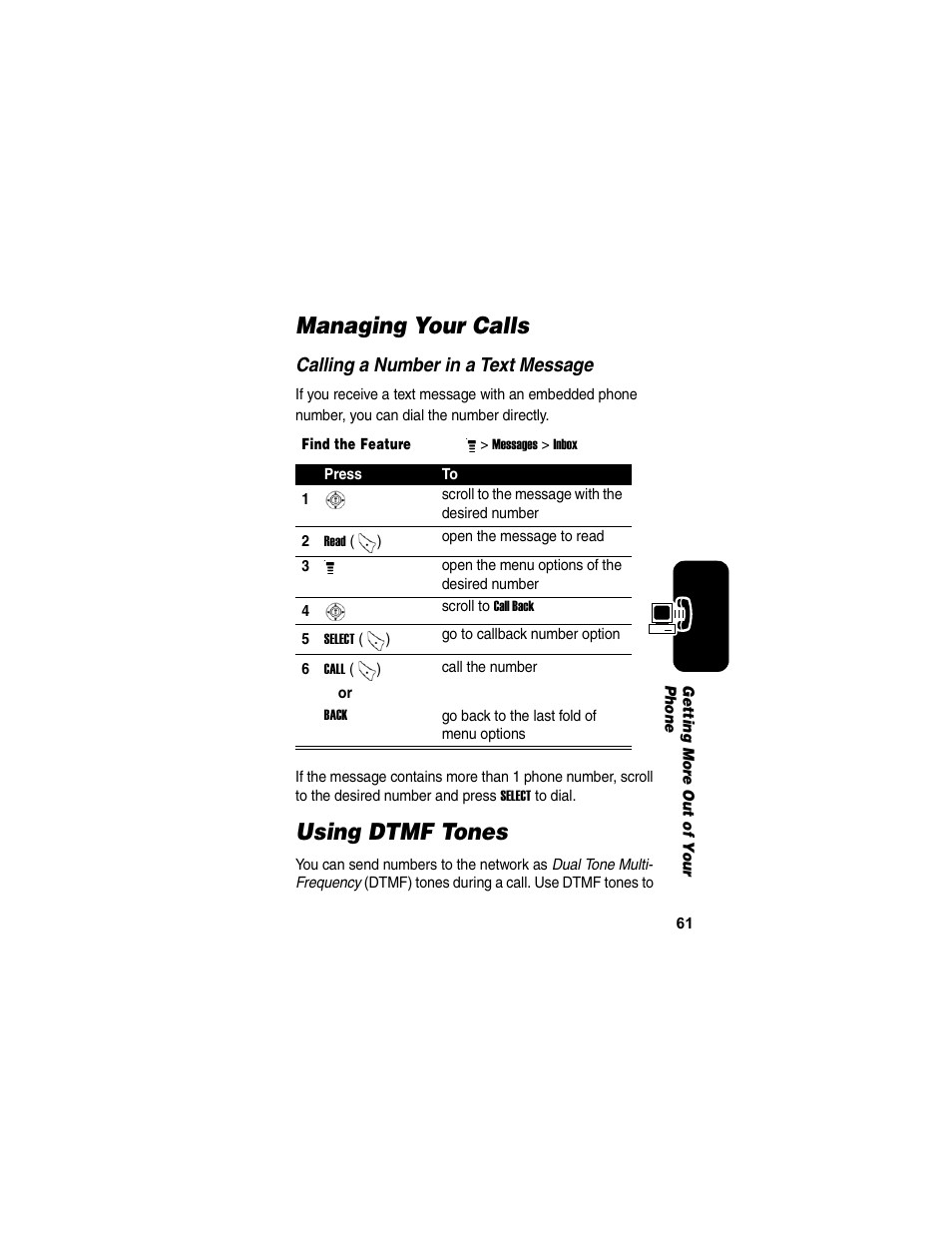 Managing your calls, Using dtmf tones, Managing your calls using dtmf tones | Motorola C155 User Manual | Page 63 / 120