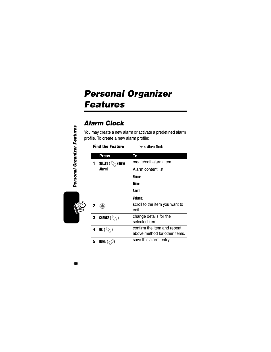 Personal organizer features, Alarm clock | Motorola C155 User Manual | Page 68 / 120