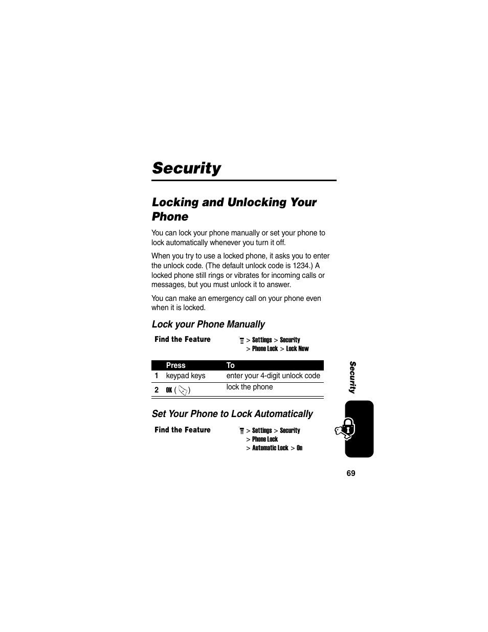 Security, Locking and unlocking your phone | Motorola C155 User Manual | Page 71 / 120