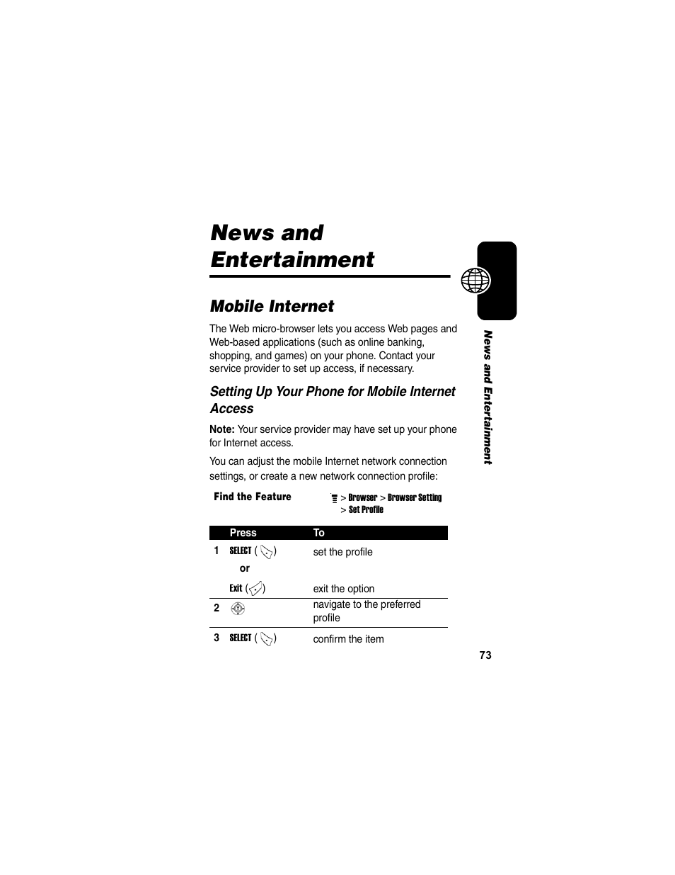 News and entertainment, Mobile internet | Motorola C155 User Manual | Page 75 / 120