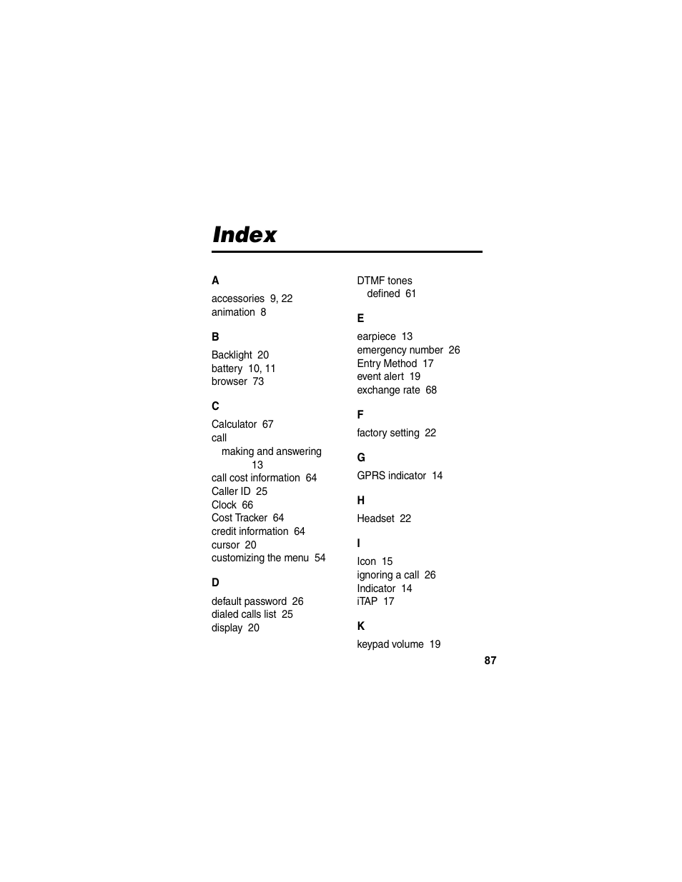 Index | Motorola C155 User Manual | Page 89 / 120