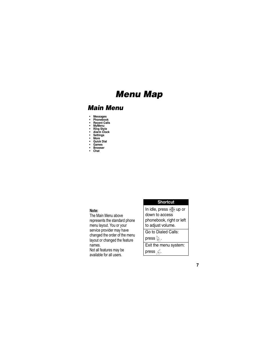 Menu map, Main menu | Motorola C155 User Manual | Page 9 / 120