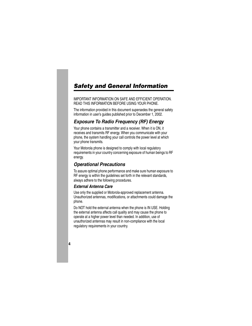 Safety and general information, Exposure to radio frequency (rf) energy, Operational precautions | Motorola C155 User Manual | Page 96 / 120