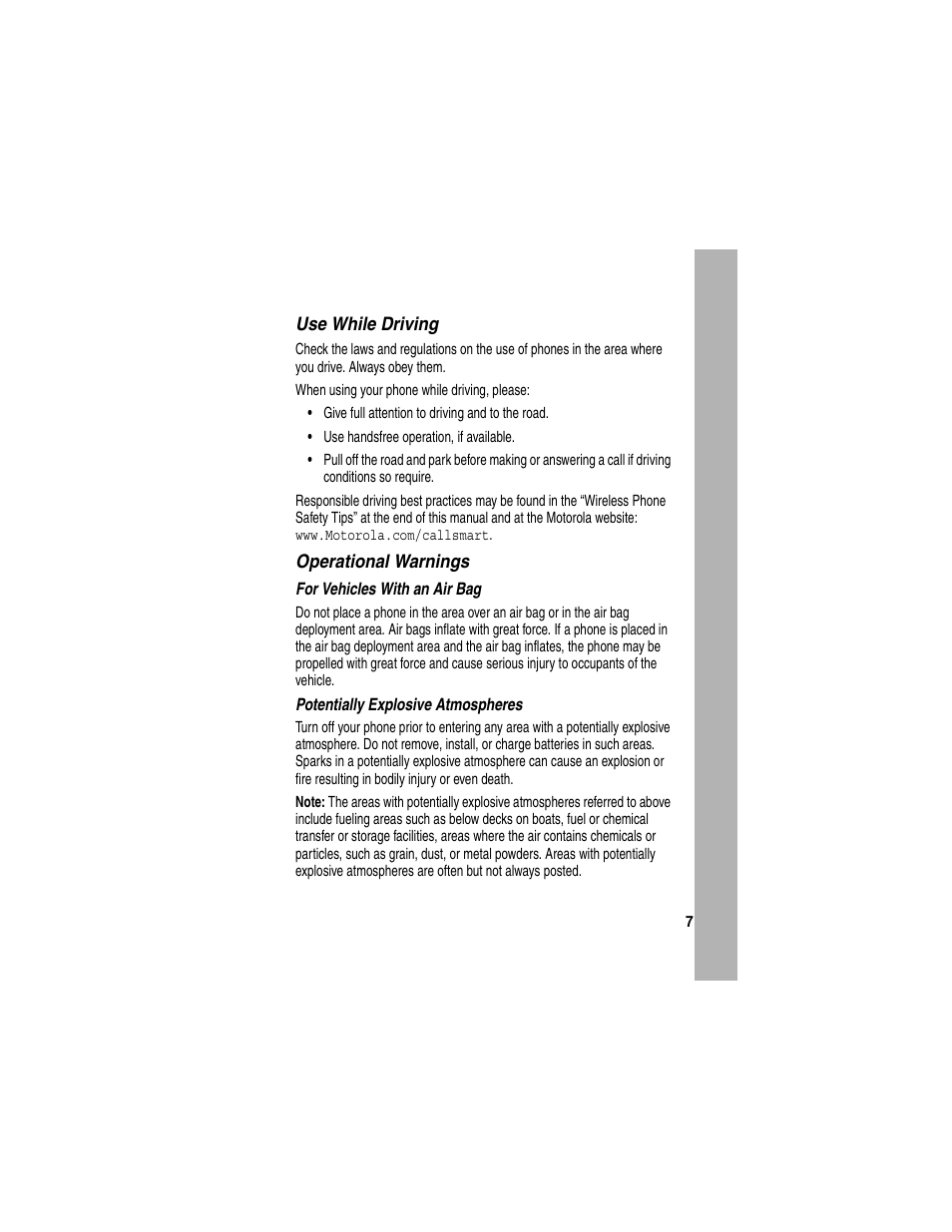 Use while driving, Operational warnings | Motorola C155 User Manual | Page 99 / 120