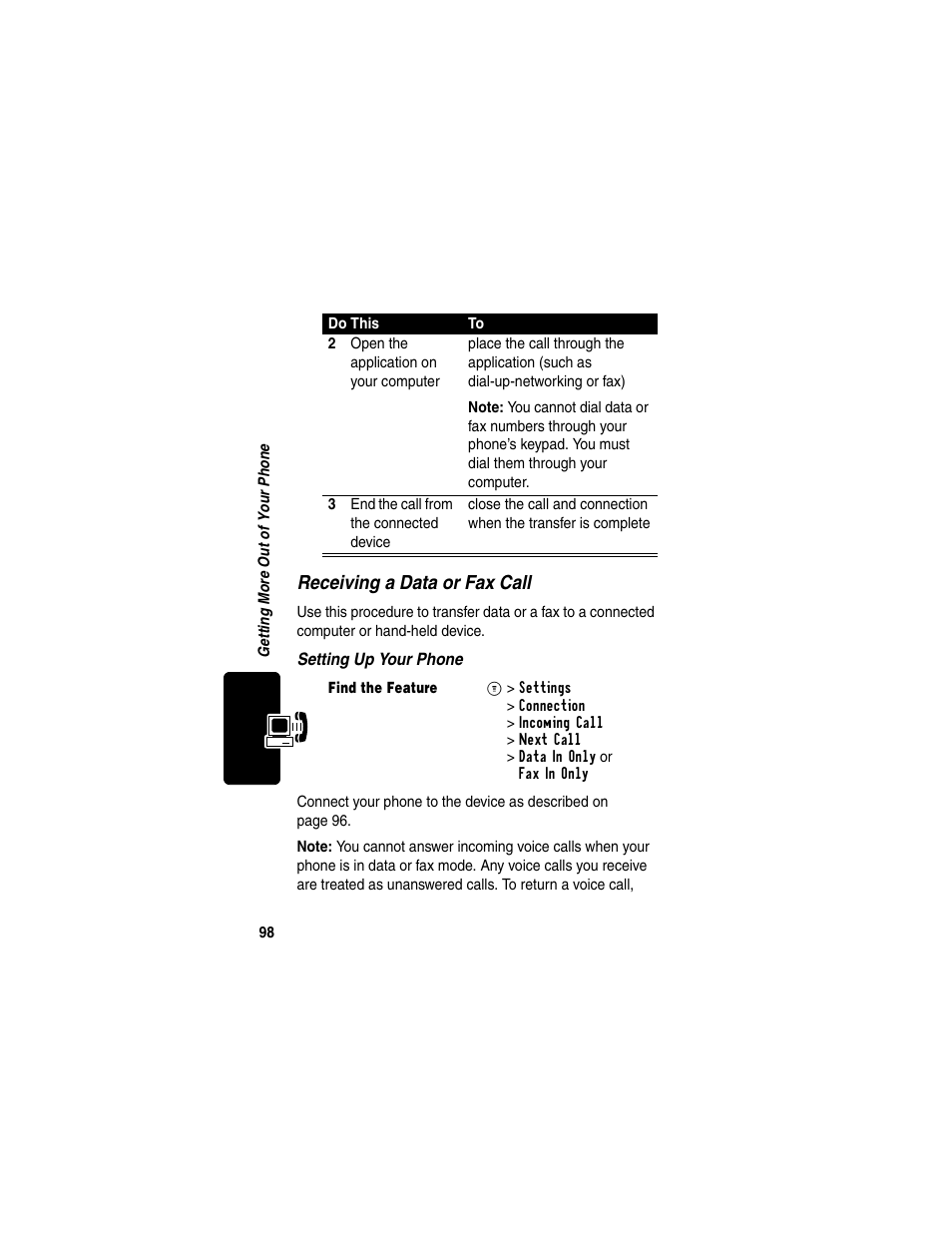 Receiving a data or fax call | Motorola C330 User Manual | Page 100 / 166