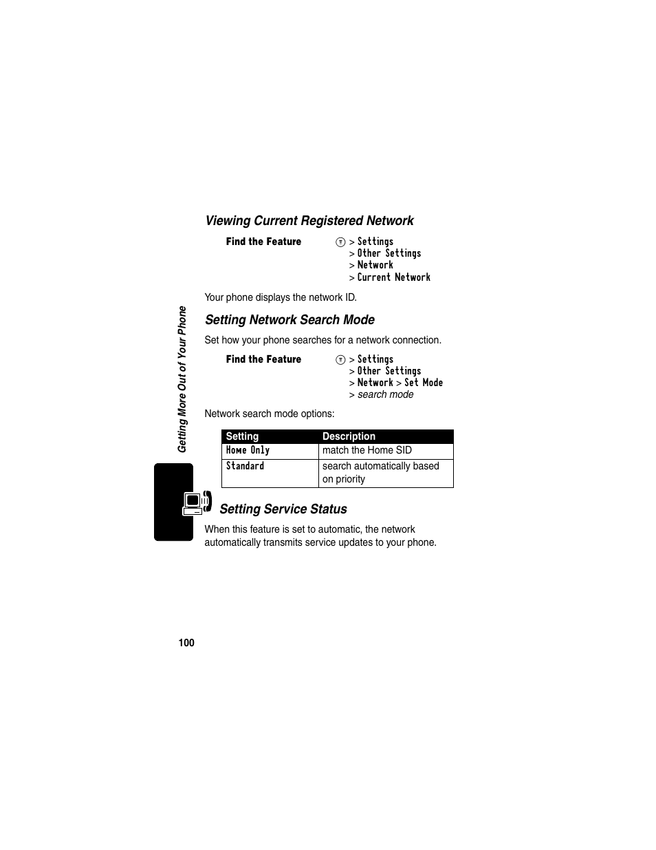 Viewing current registered network, Setting network search mode, Setting service status | Motorola C330 User Manual | Page 102 / 166