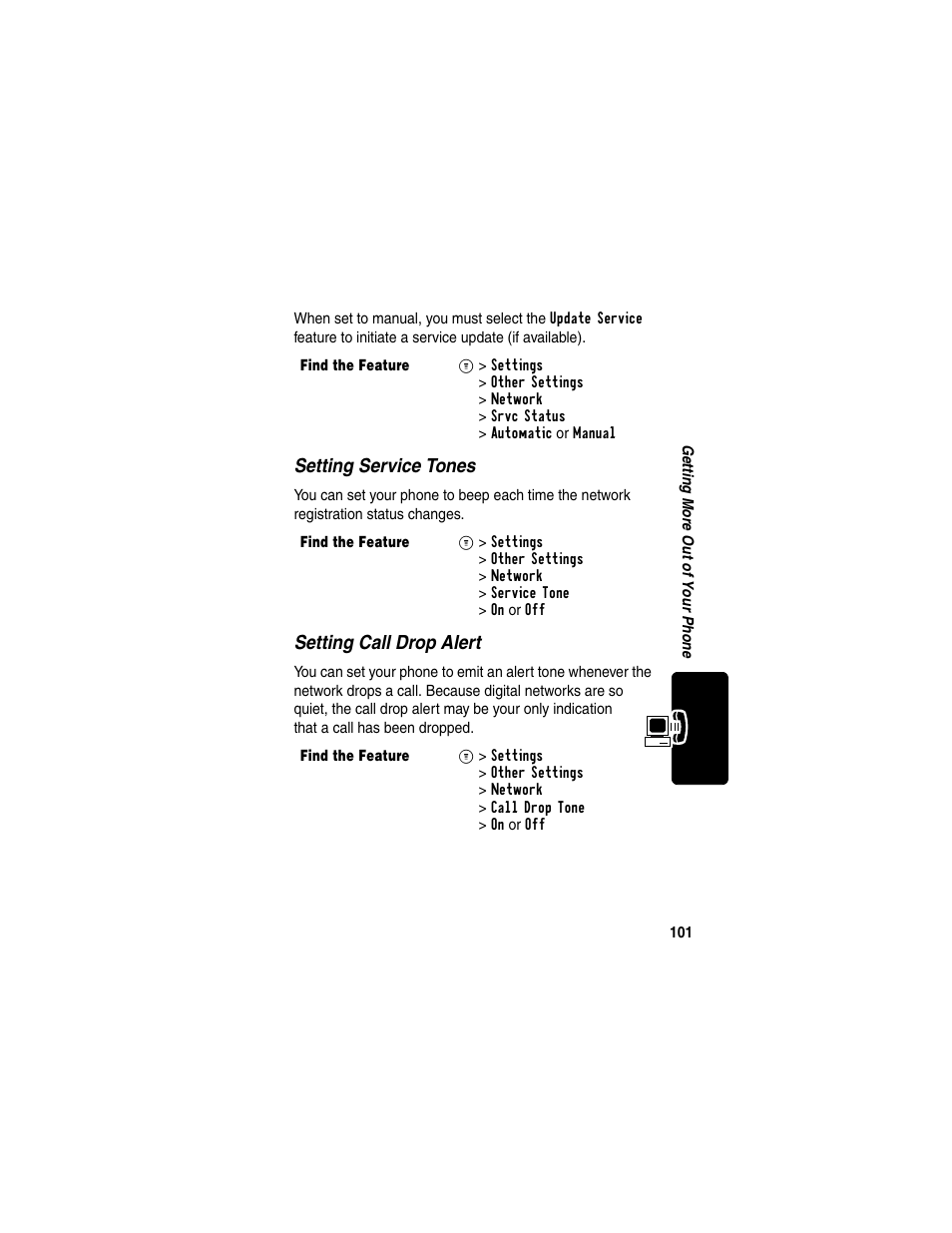 Setting service tones, Setting call drop alert | Motorola C330 User Manual | Page 103 / 166