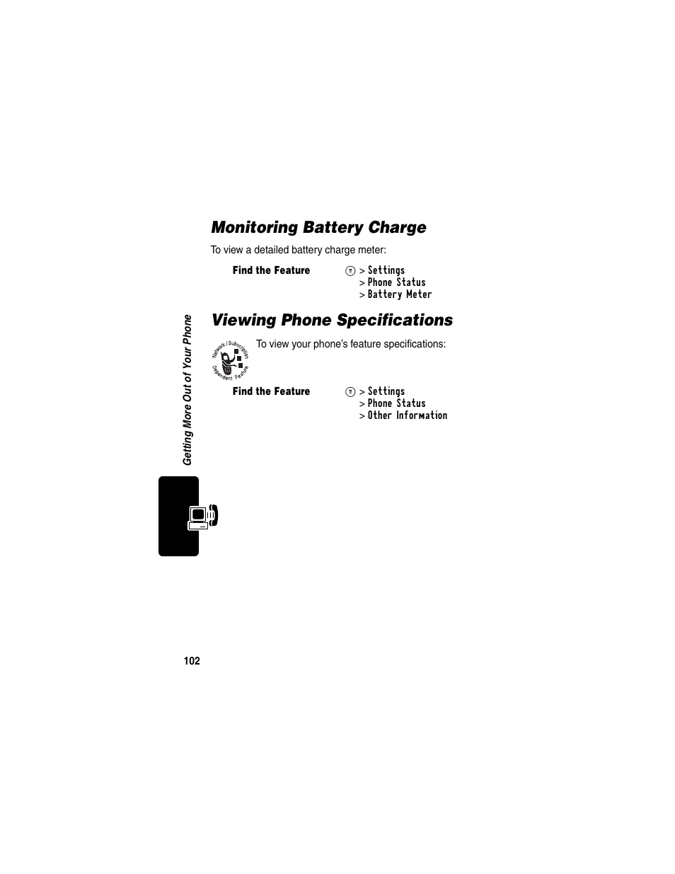 Monitoring battery charge, Viewing phone specifications | Motorola C330 User Manual | Page 104 / 166