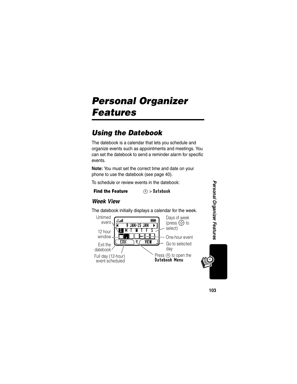 Personal organizer features, Using the datebook, Week view | Motorola C330 User Manual | Page 105 / 166