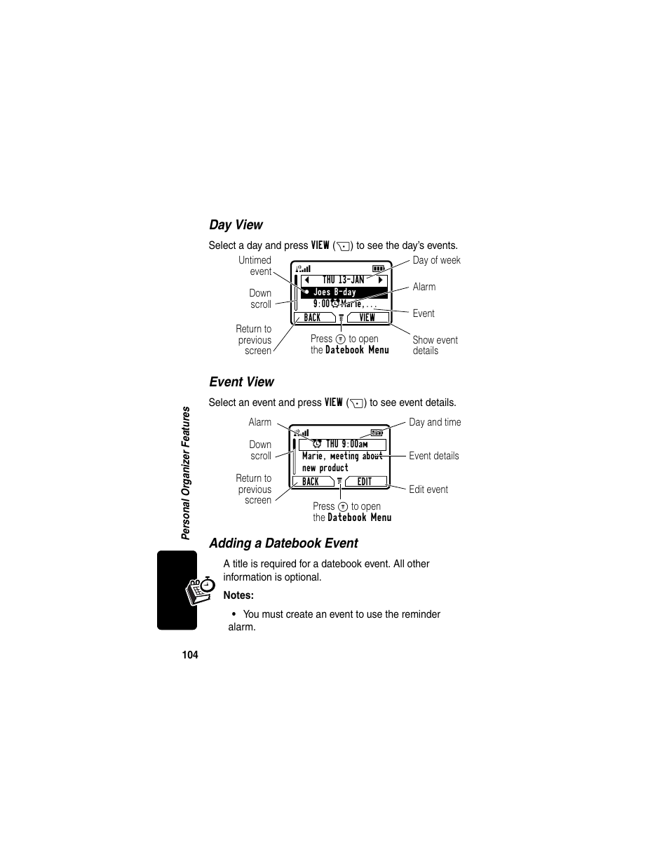 Day view, Event view, Adding a datebook event | Motorola C330 User Manual | Page 106 / 166