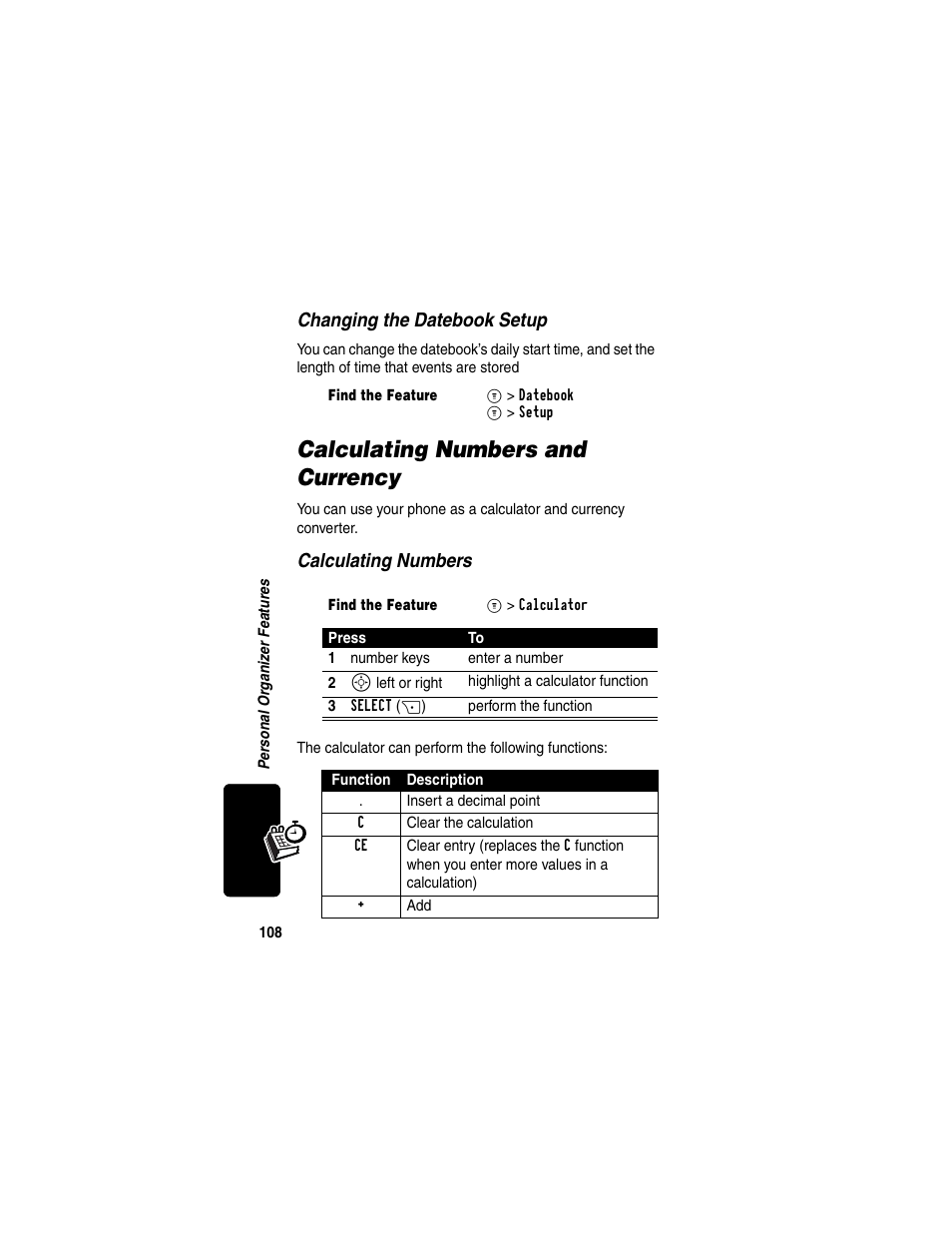Calculating numbers and currency, Changing the datebook setup, Calculating numbers | Motorola C330 User Manual | Page 110 / 166