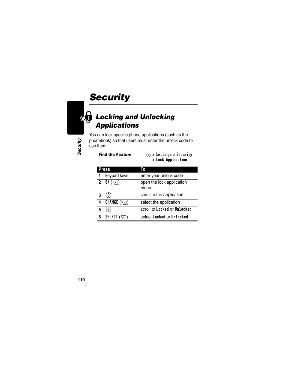 Security, Locking and unlocking applications | Motorola C330 User Manual | Page 112 / 166