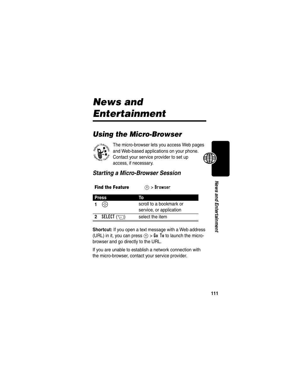News and entertainment, Using the micro-browser | Motorola C330 User Manual | Page 113 / 166