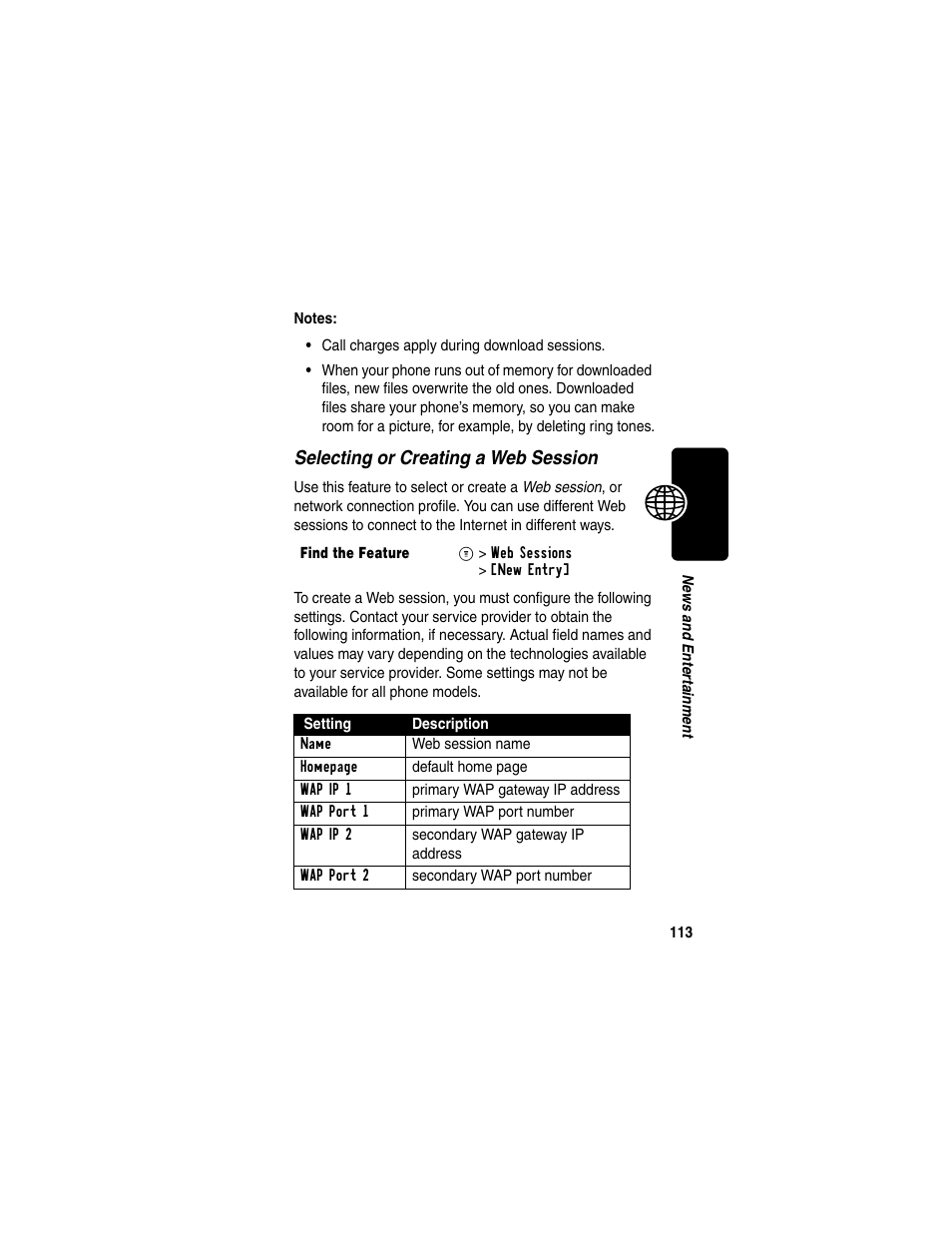 Selecting or creating a web session | Motorola C330 User Manual | Page 115 / 166