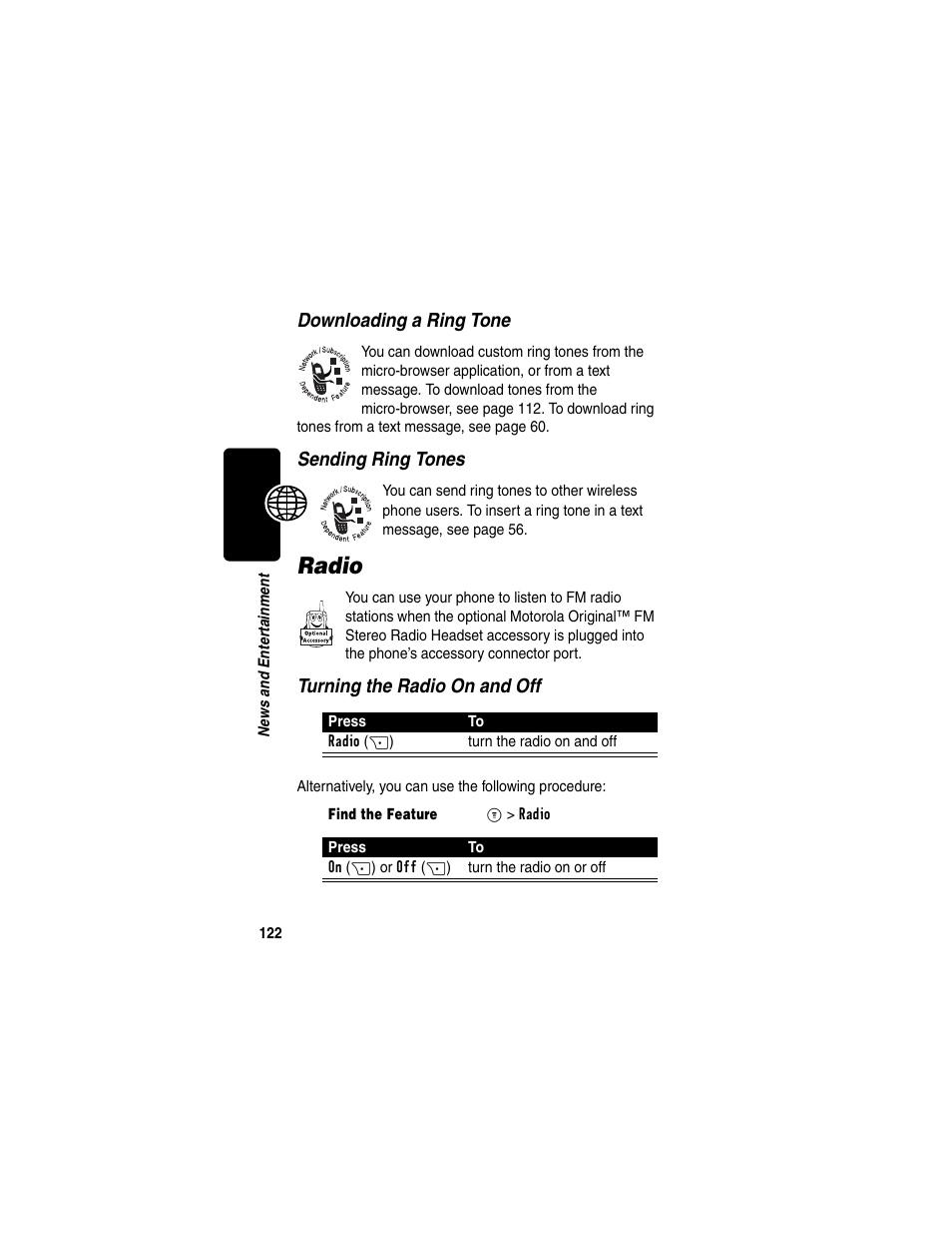 Radio, Downloading a ring tone, Sending ring tones | Turning the radio on and off | Motorola C330 User Manual | Page 124 / 166