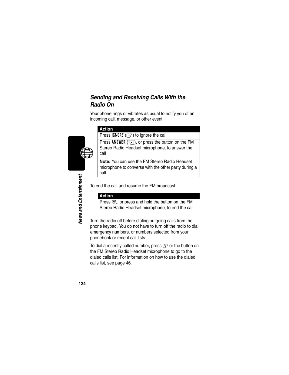 Sending and receiving calls with the radio on | Motorola C330 User Manual | Page 126 / 166