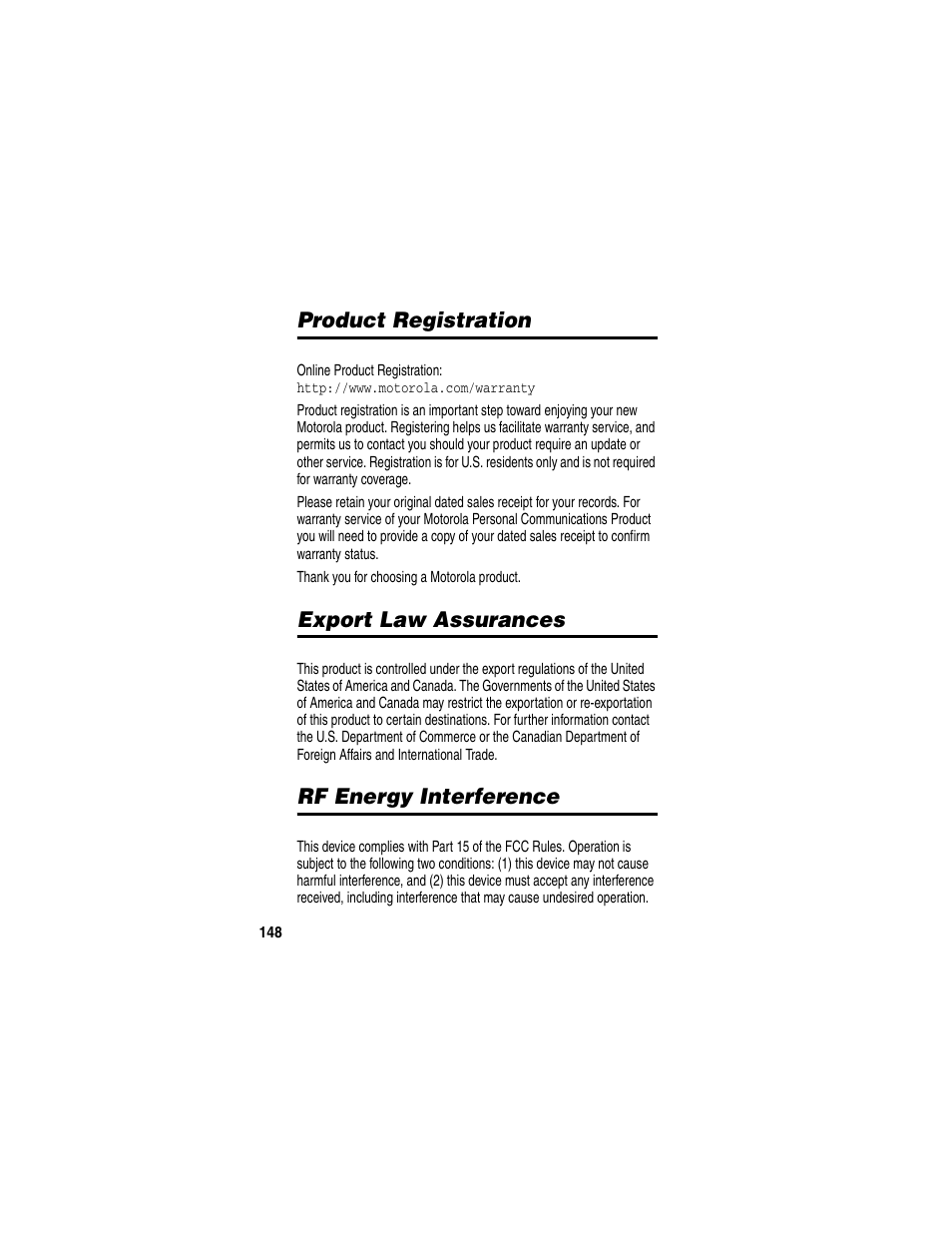 Product registration, Export law assurances, Rf energy interference | Motorola C330 User Manual | Page 150 / 166