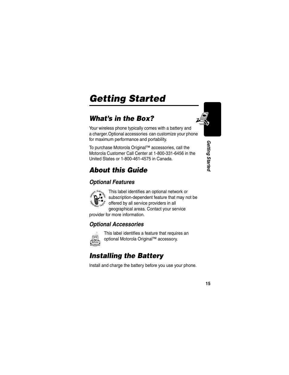 Getting started, What’s in the box, About this guide | Installing the battery | Motorola C330 User Manual | Page 17 / 166