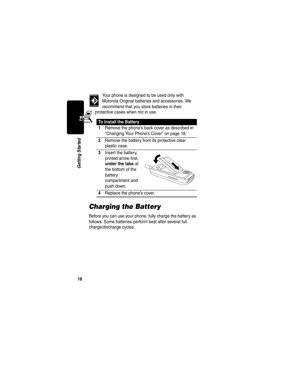 Charging the battery | Motorola C330 User Manual | Page 18 / 166