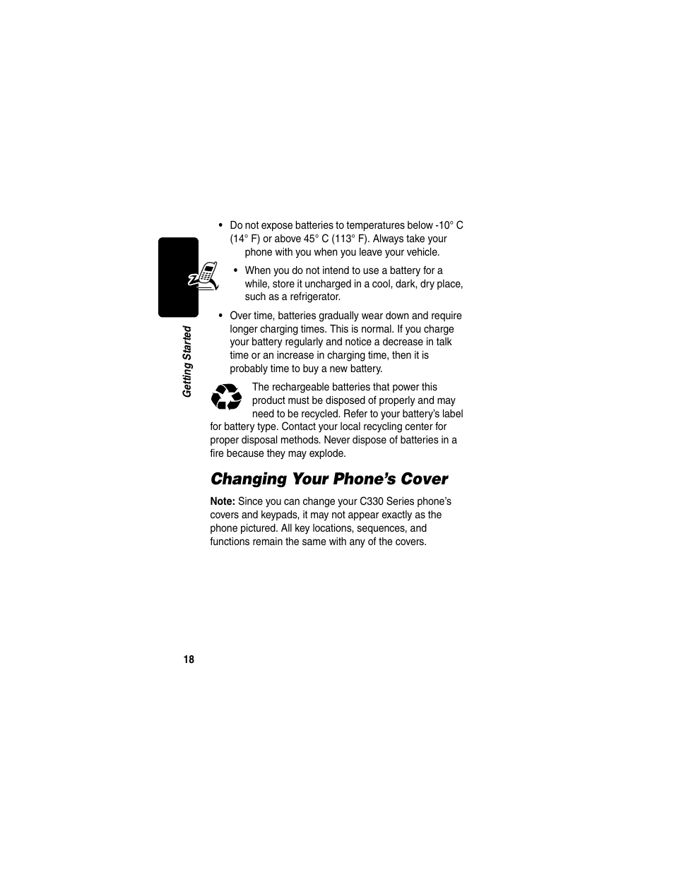 Changing your phone’s cover | Motorola C330 User Manual | Page 20 / 166