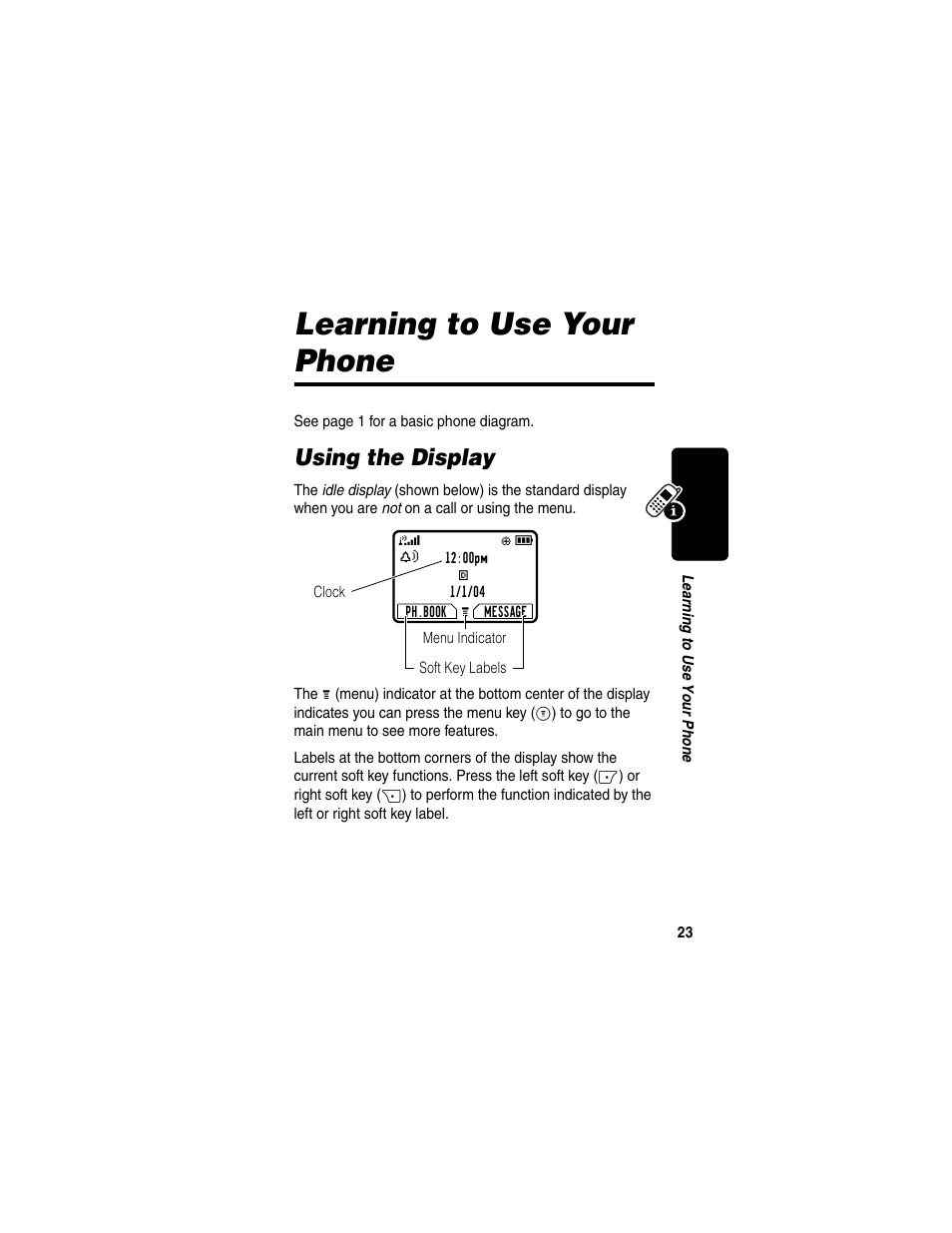 Learning to use your phone, Using the display | Motorola C330 User Manual | Page 25 / 166