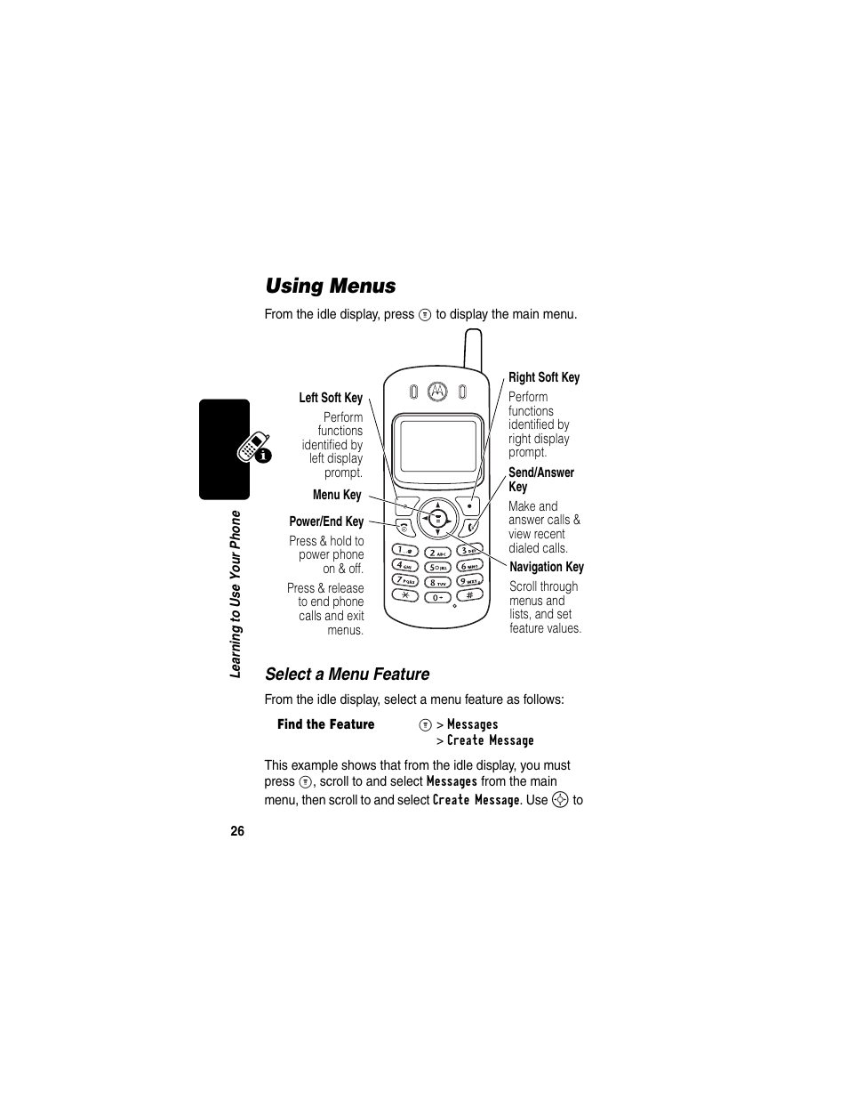 Using menus, Select a menu feature | Motorola C330 User Manual | Page 28 / 166