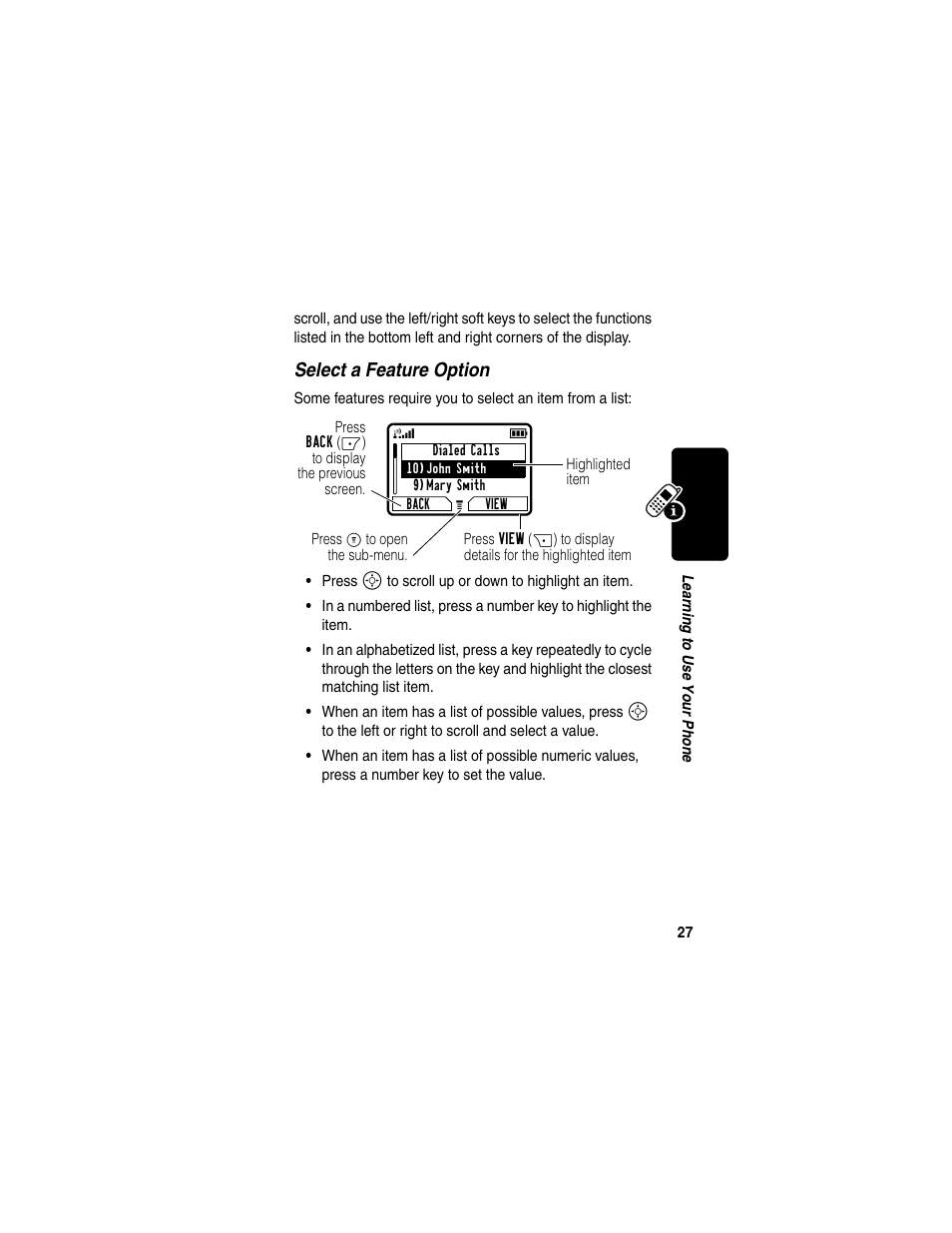 Select a feature option | Motorola C330 User Manual | Page 29 / 166