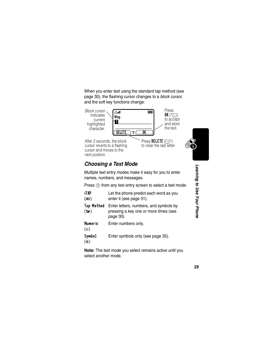 Choosing a text mode | Motorola C330 User Manual | Page 31 / 166