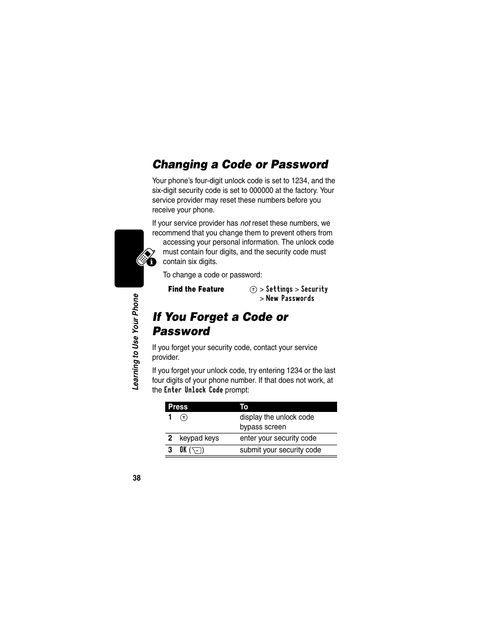 Changing a code or password, If you forget a code or password | Motorola C330 User Manual | Page 40 / 166