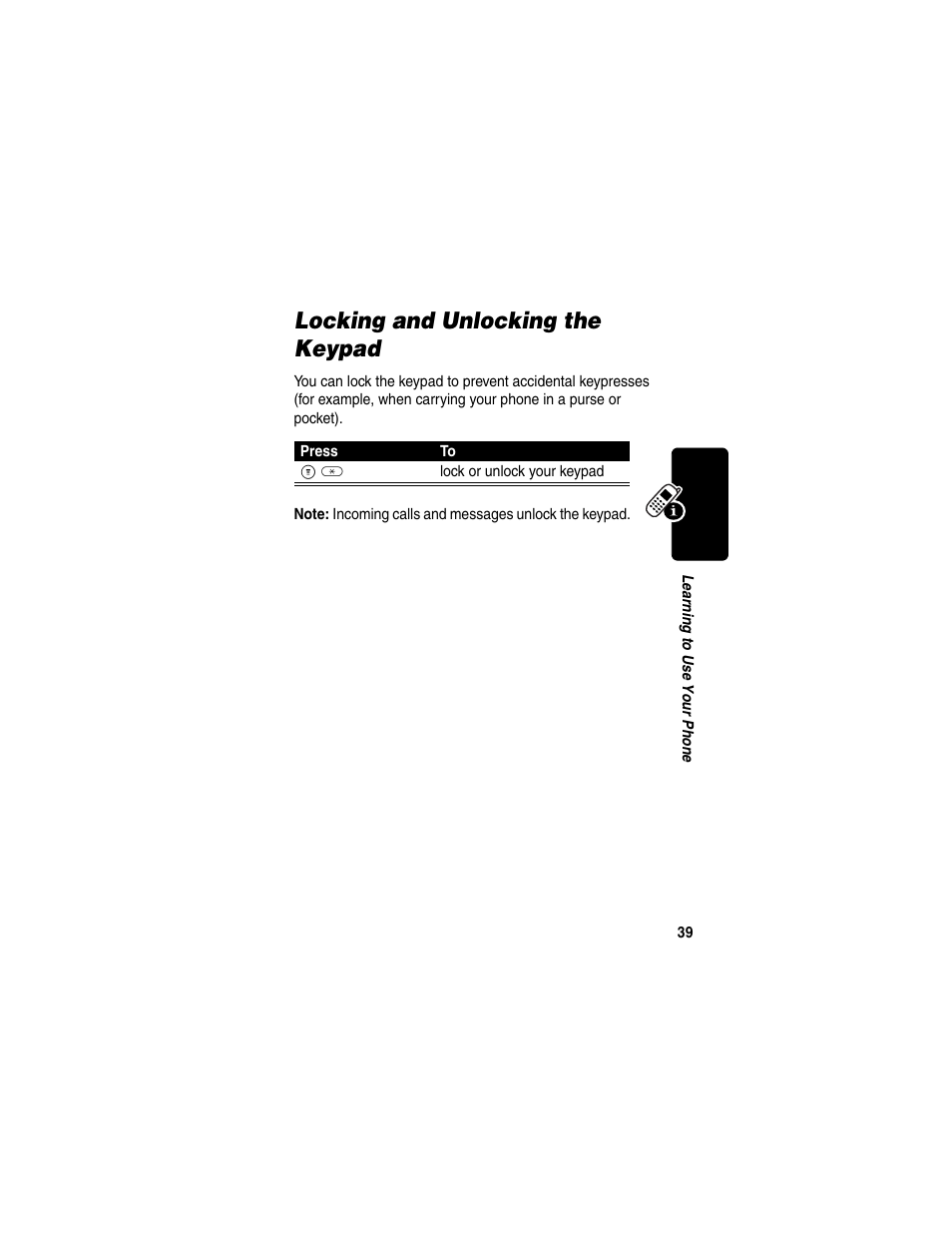 Locking and unlocking the keypad | Motorola C330 User Manual | Page 41 / 166