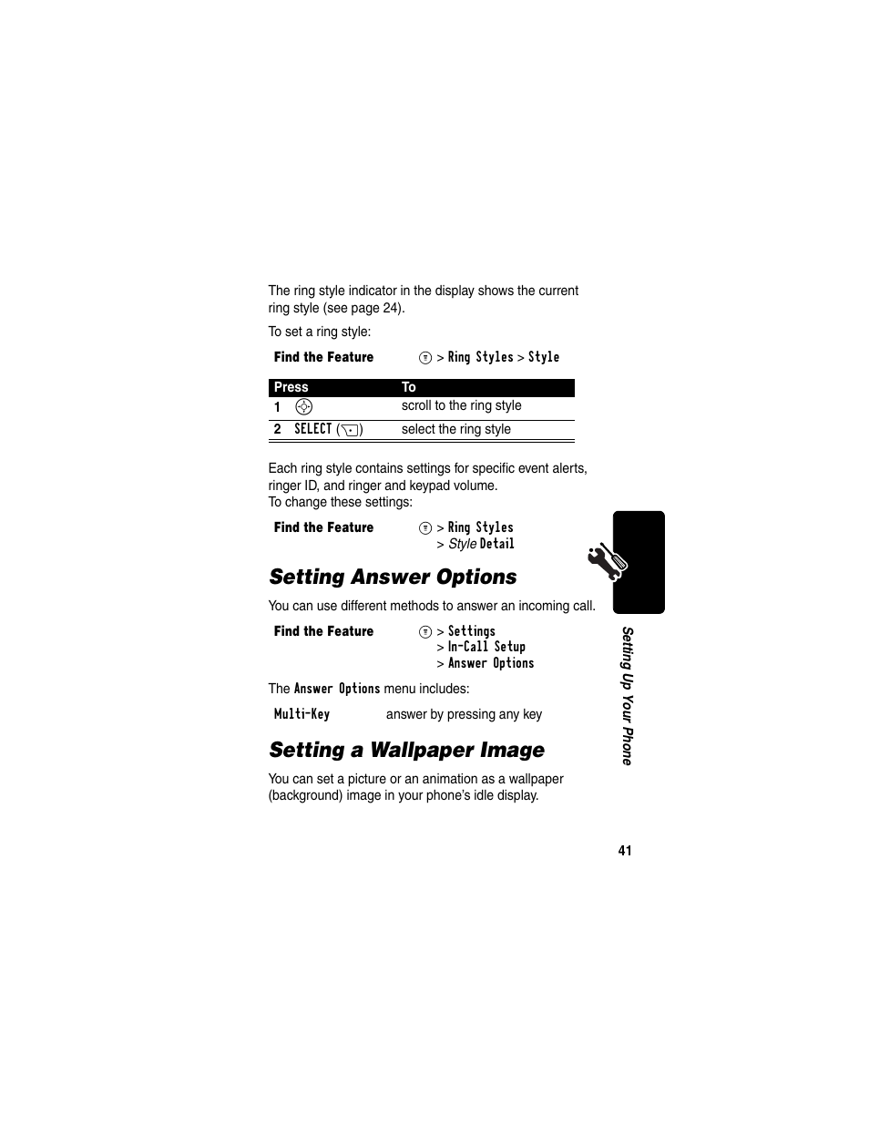 Setting answer options, Setting a wallpaper image, Setting answer options setting a wallpaper image | Setting up your phonebook | Motorola C330 User Manual | Page 43 / 166