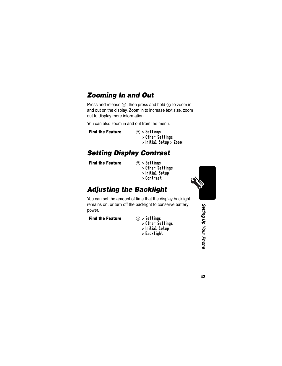Zooming in and out, Setting display contrast, Adjusting the backlight | Setting display contrast adjusting the backlight | Motorola C330 User Manual | Page 45 / 166