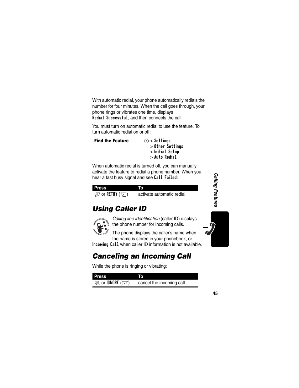 Using caller id, Canceling an incoming call, Using caller id canceling an incoming call | Motorola C330 User Manual | Page 47 / 166