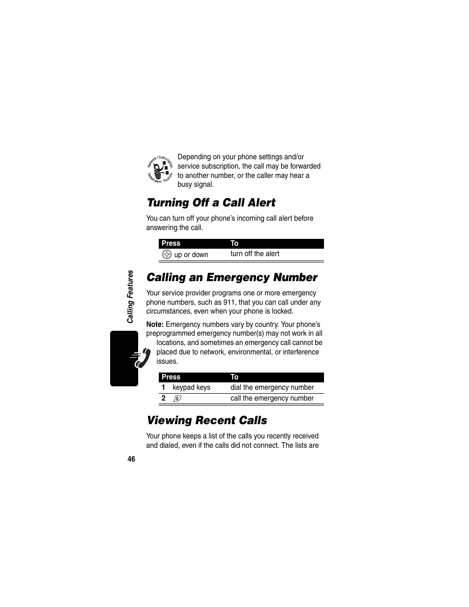 Turning off a call alert, Calling an emergency number, Viewing recent calls | Motorola C330 User Manual | Page 48 / 166