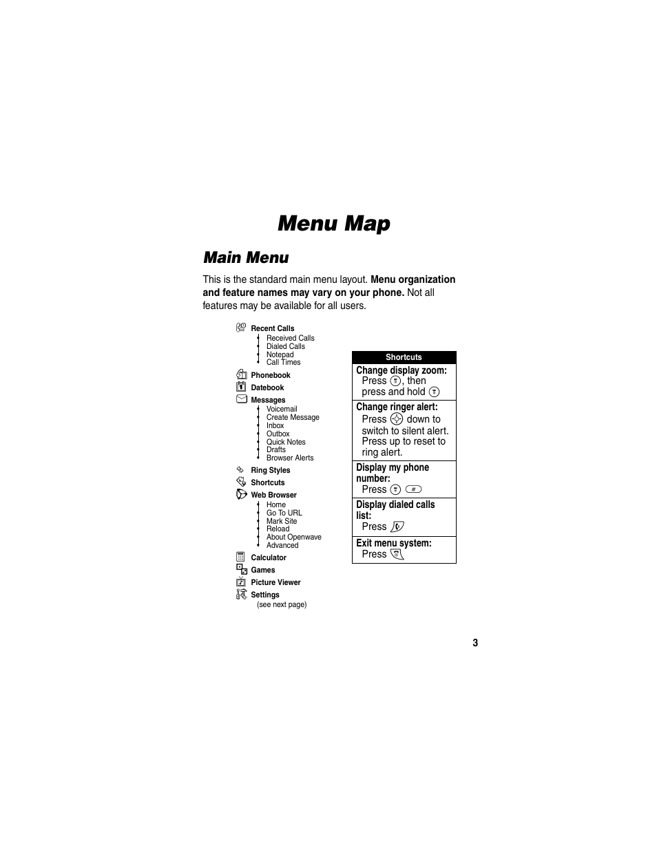 Menu map, Main menu | Motorola C330 User Manual | Page 5 / 166