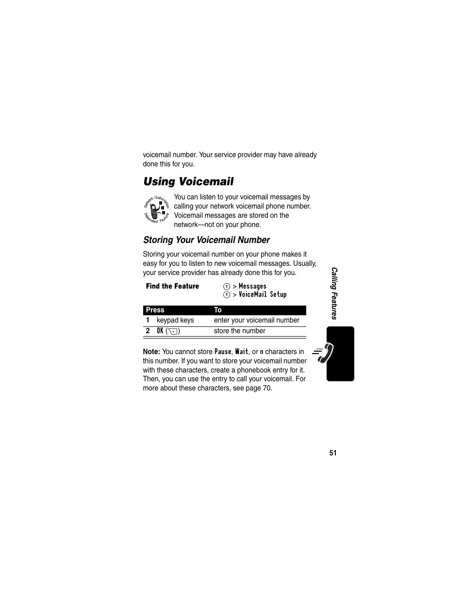 Using voicemail, Storing your voicemail number | Motorola C330 User Manual | Page 53 / 166