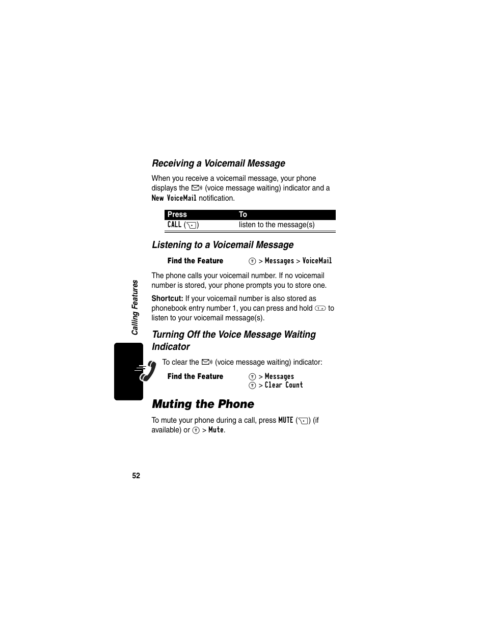 Muting the phone, Receiving a voicemail message, Listening to a voicemail message | Turning off the voice message waiting indicator | Motorola C330 User Manual | Page 54 / 166