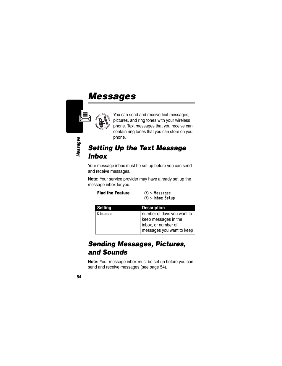 Messages, Setting up the text message inbox, Sending messages, pictures, and sounds | Motorola C330 User Manual | Page 56 / 166