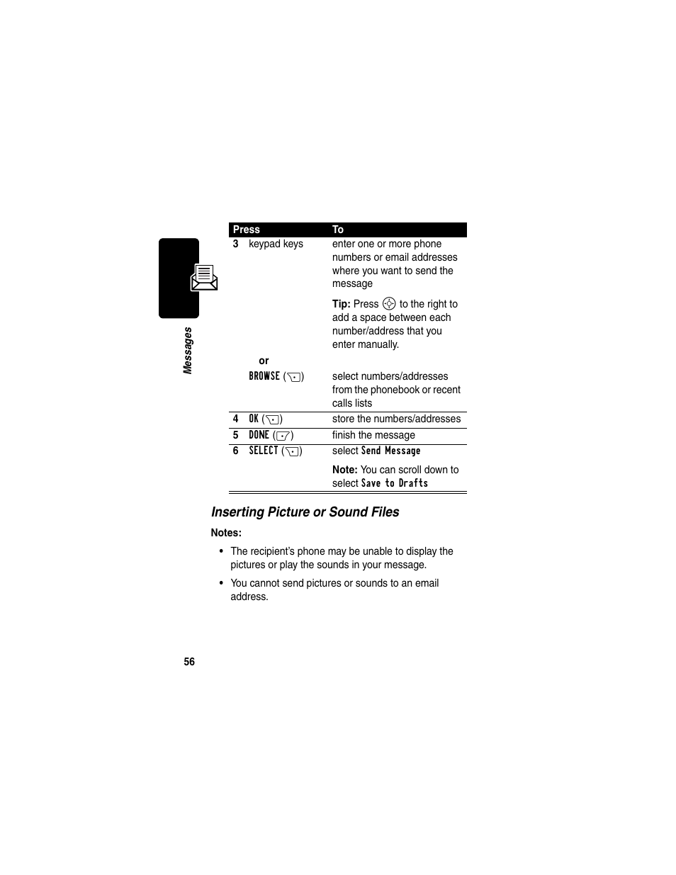 Inserting picture or sound files | Motorola C330 User Manual | Page 58 / 166
