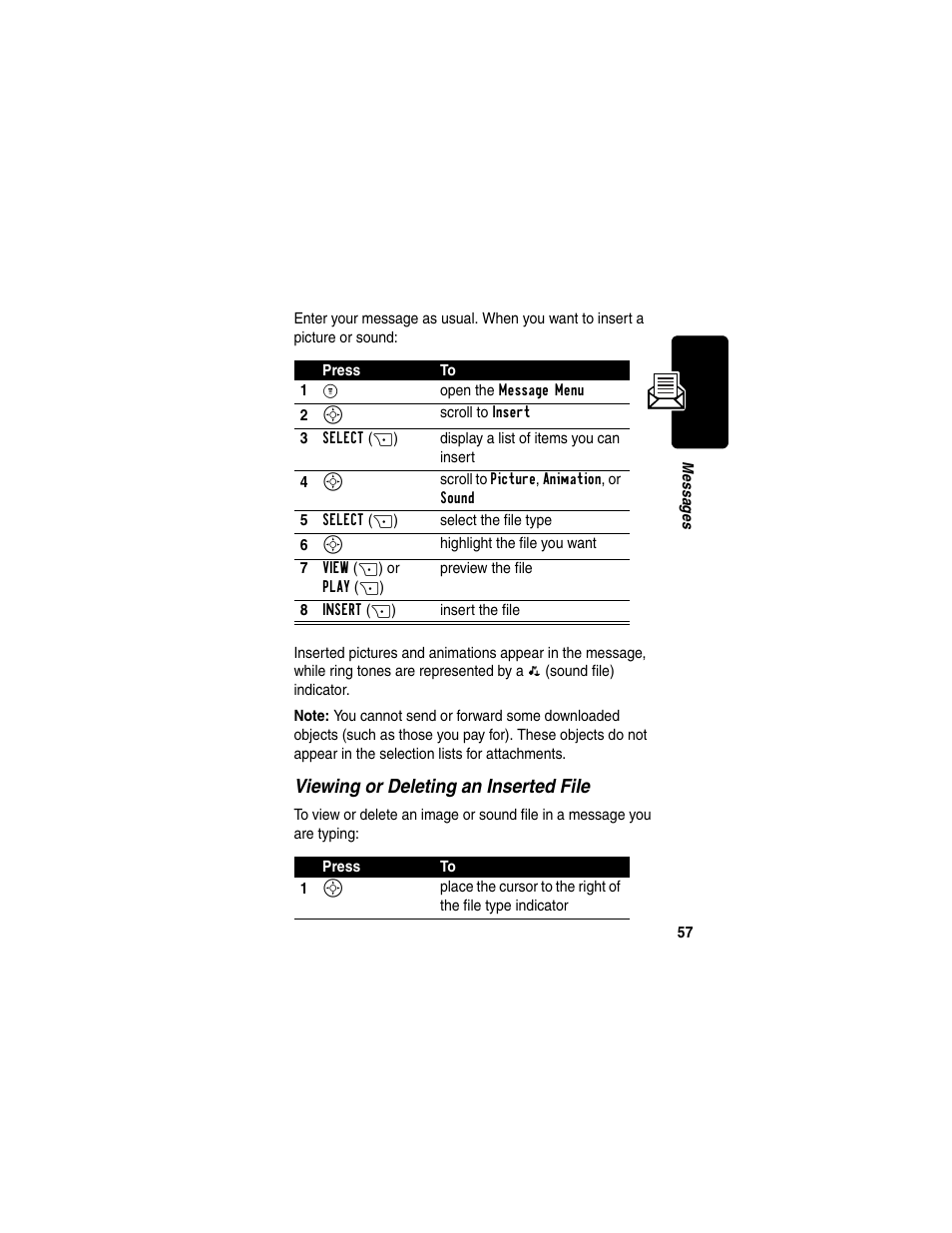 Viewing or deleting an inserted file | Motorola C330 User Manual | Page 59 / 166