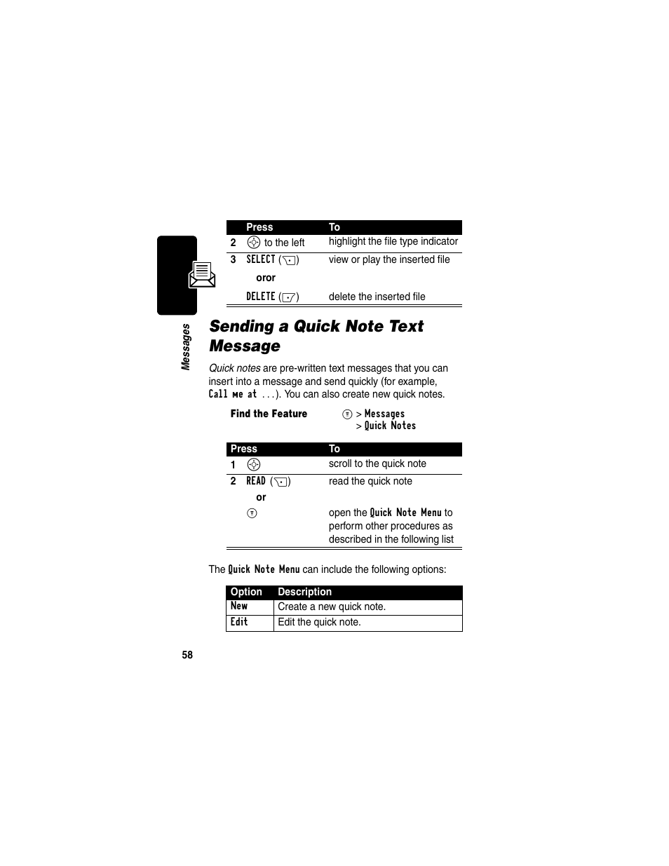 Sending a quick note text message | Motorola C330 User Manual | Page 60 / 166