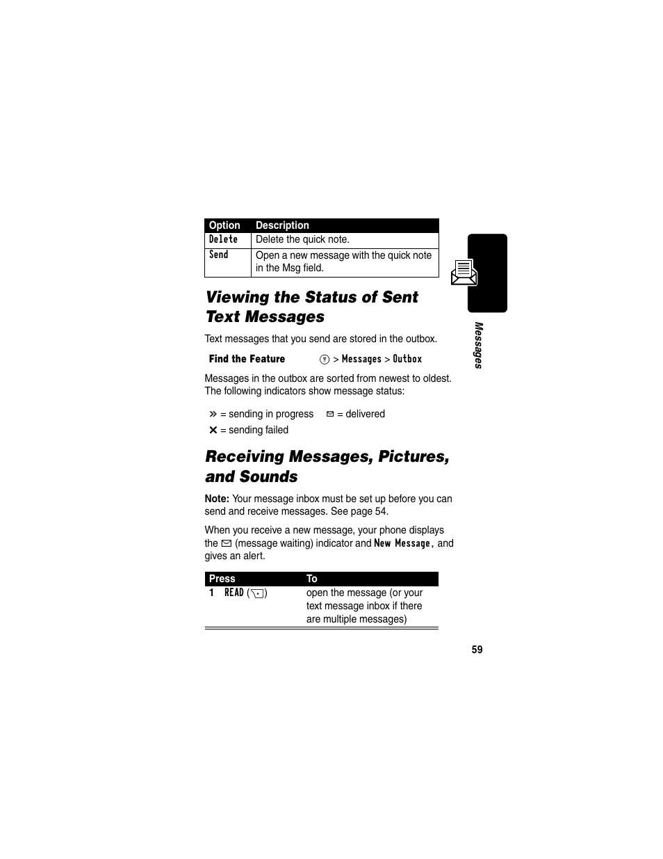 Viewing the status of sent text messages, Receiving messages, pictures, and sounds | Motorola C330 User Manual | Page 61 / 166