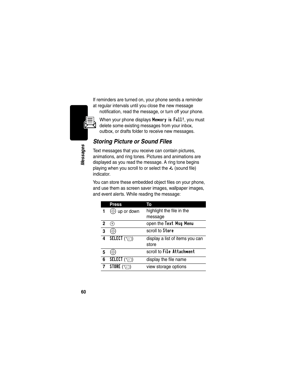 Storing picture or sound files | Motorola C330 User Manual | Page 62 / 166