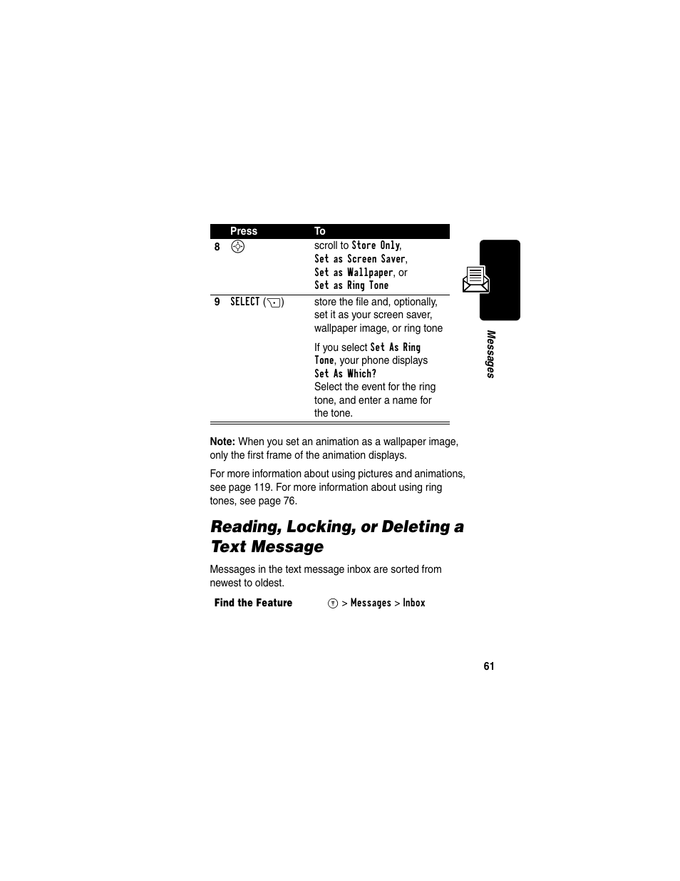 Reading, locking, or deleting a text message | Motorola C330 User Manual | Page 63 / 166