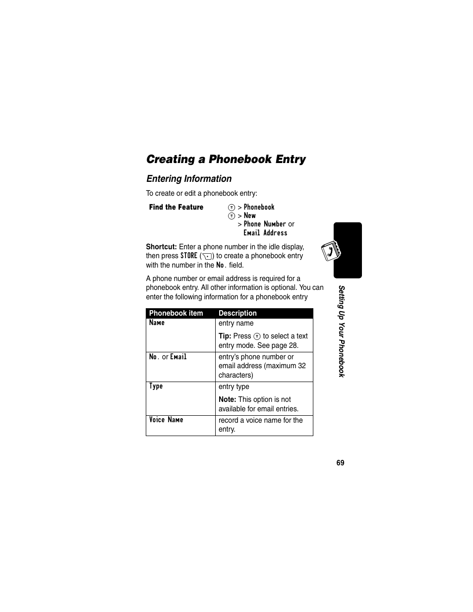 Creating a phonebook entry, Entering information | Motorola C330 User Manual | Page 71 / 166