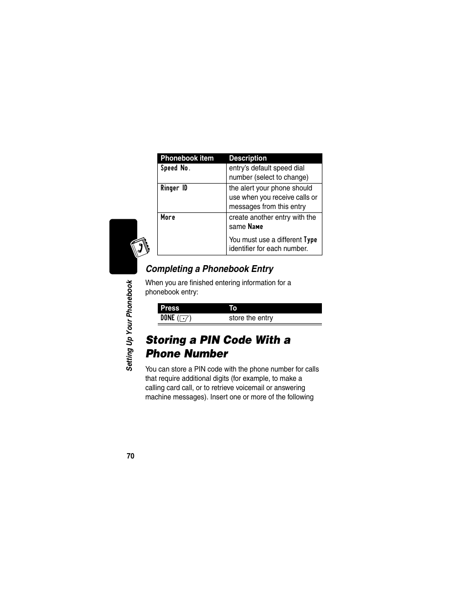 Storing a pin code with a phone number, Completing a phonebook entry | Motorola C330 User Manual | Page 72 / 166