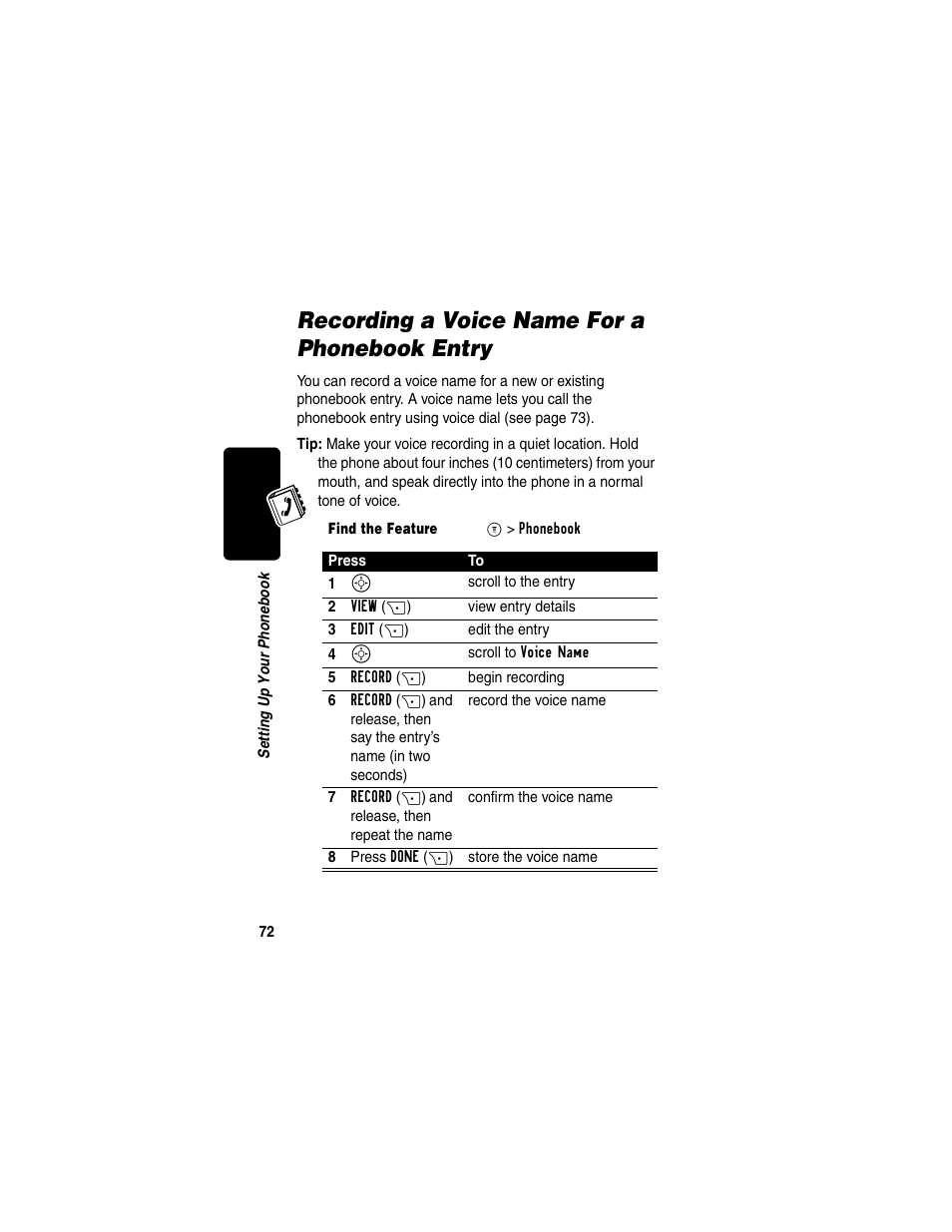 Recording a voice name for a phonebook entry | Motorola C330 User Manual | Page 74 / 166