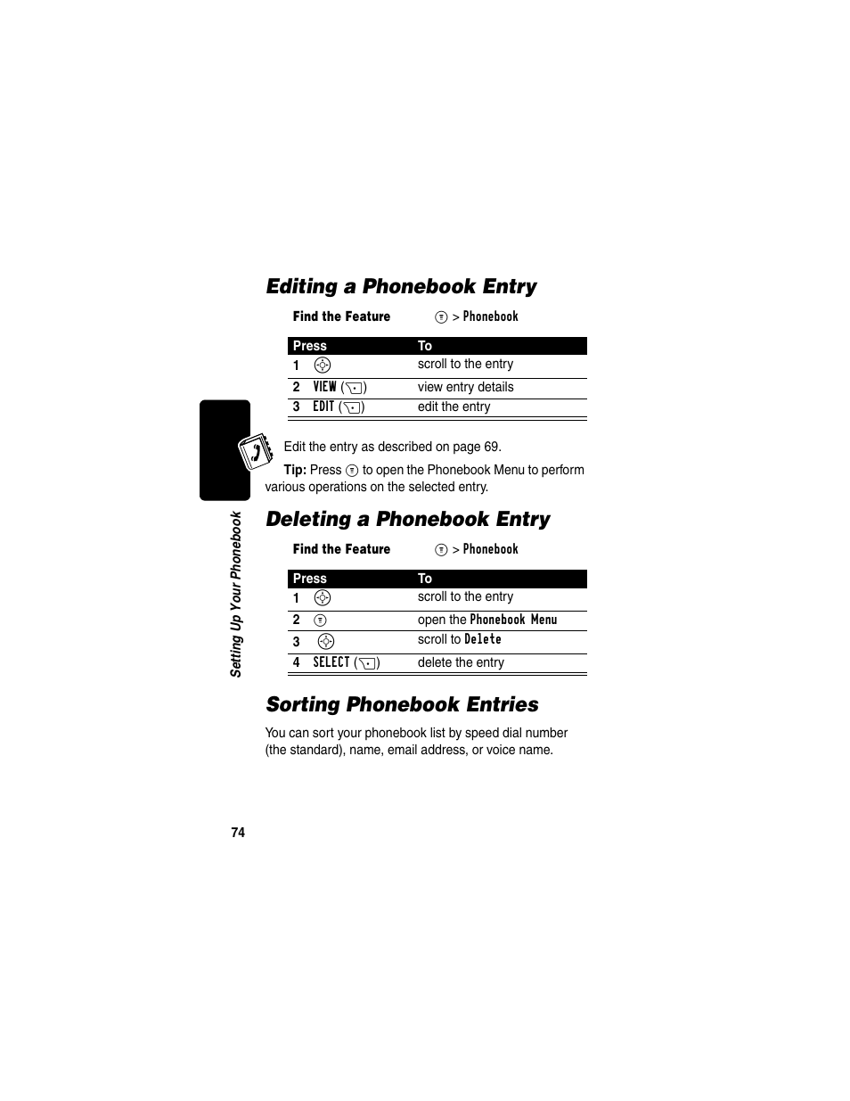 Editing a phonebook entry, Deleting a phonebook entry, Sorting phonebook entries | Motorola C330 User Manual | Page 76 / 166