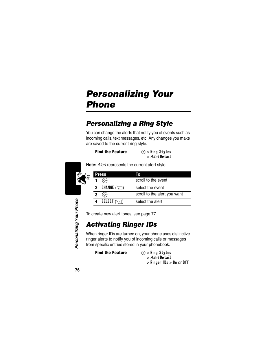 Personalizing your phone, Personalizing a ring style, Activating ringer ids | Personalizing a ring style activating ringer ids | Motorola C330 User Manual | Page 78 / 166